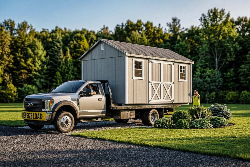 a truck with a custom shed on it showing free shed delivery by old glory sheds