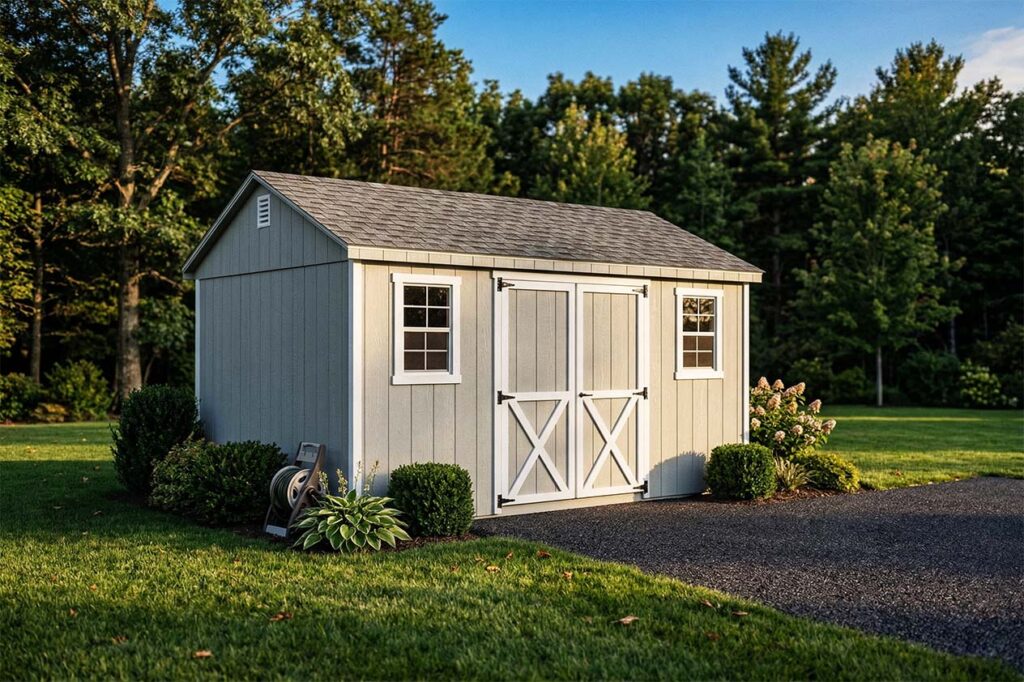 a custom shed set in a backyard by old glory sheds