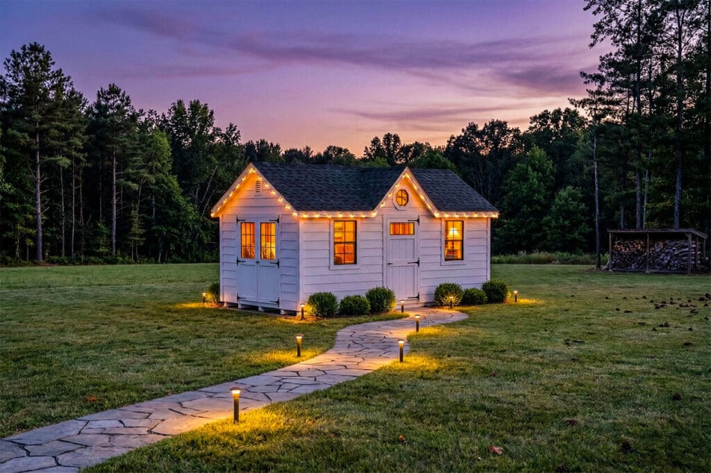 a white she shed in the middle of a backyard surrounded by woods. Showcasing Old Glory Sheds craftmanship