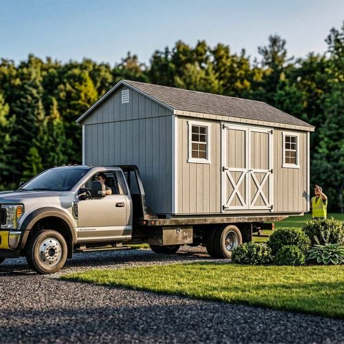 a truck with a custom shed on it showing free shed delivery by old glory sheds
