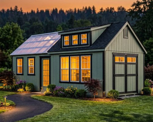 a beautiful custom shed set in the backyard. Built by old glory sheds