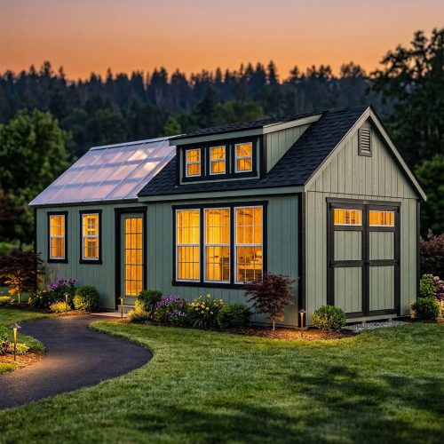 a beautiful custom shed set in the backyard. Built by old glory sheds